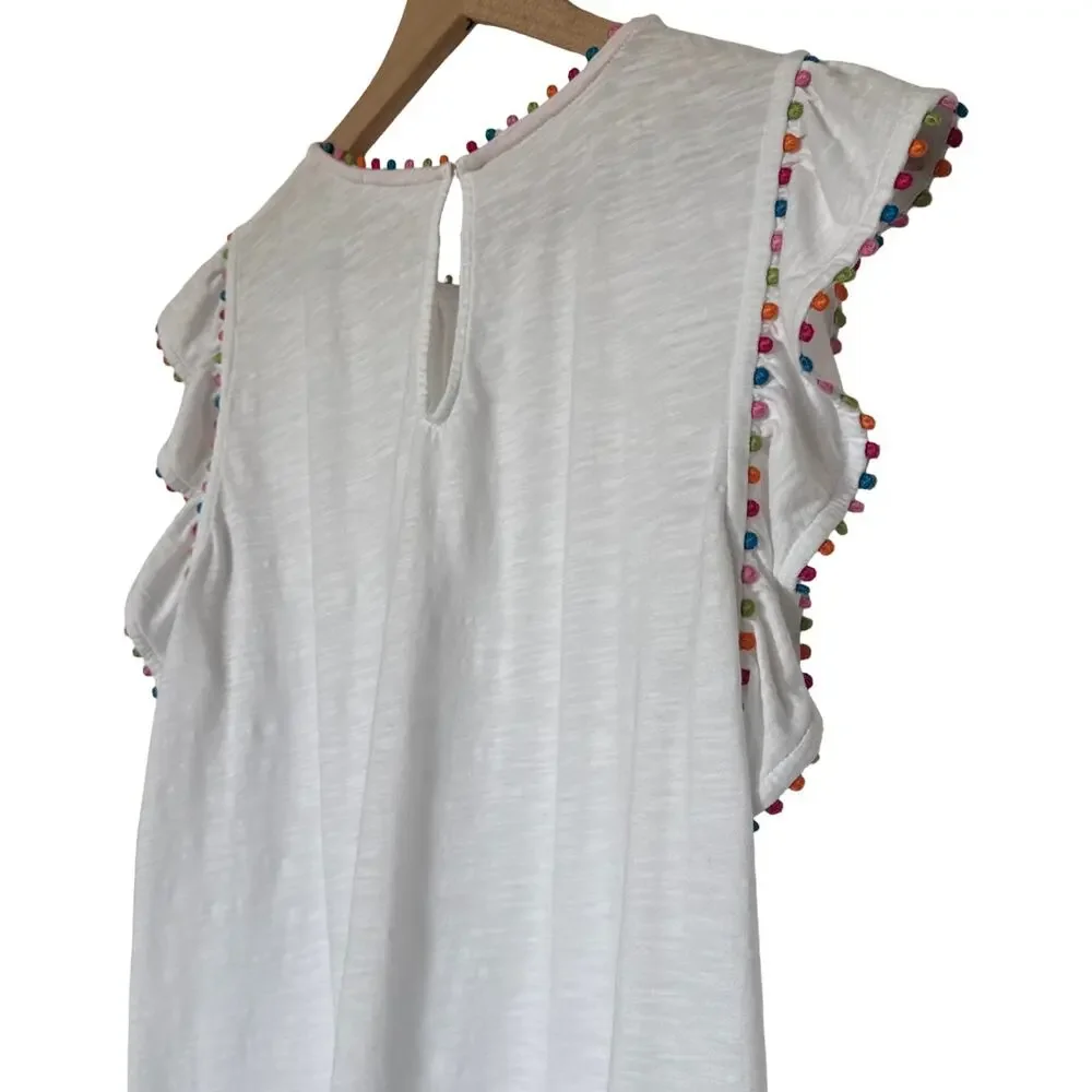 Boden White Pom Trim Ruffle Sleeve Cotton Top Size US 10 - Picture 6 of 9